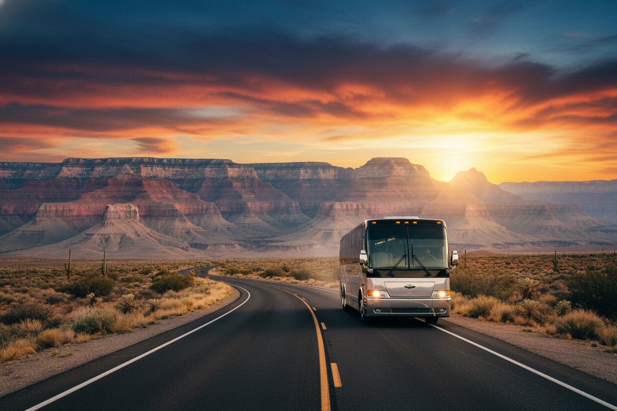 A luxury motorcoach on the open desert highway toward the Grand Canyon.