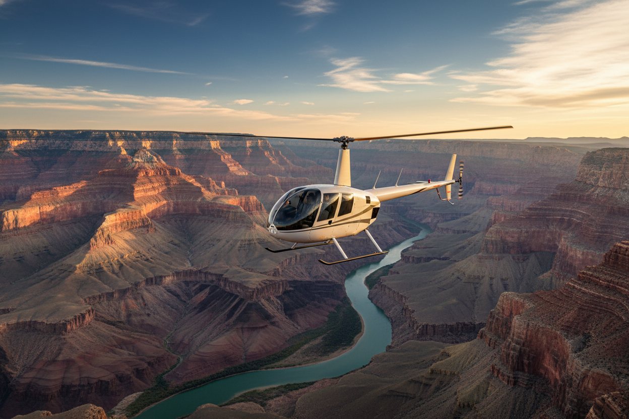 A sightseeing helicopter banking over the red walls of the Grand Canyon.