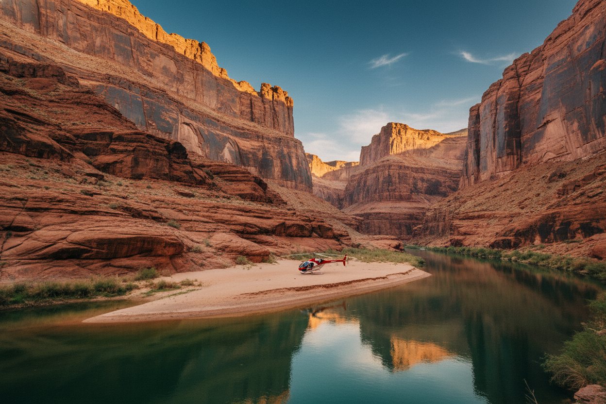 A helicopter on the floor of the Grand Canyon beside the Colorado River.