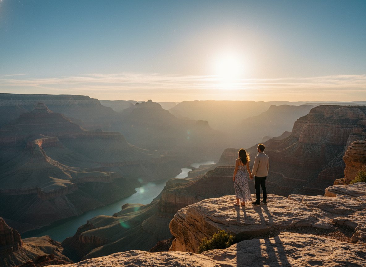 A traveler at a Grand Canyon overlook in clear weather.