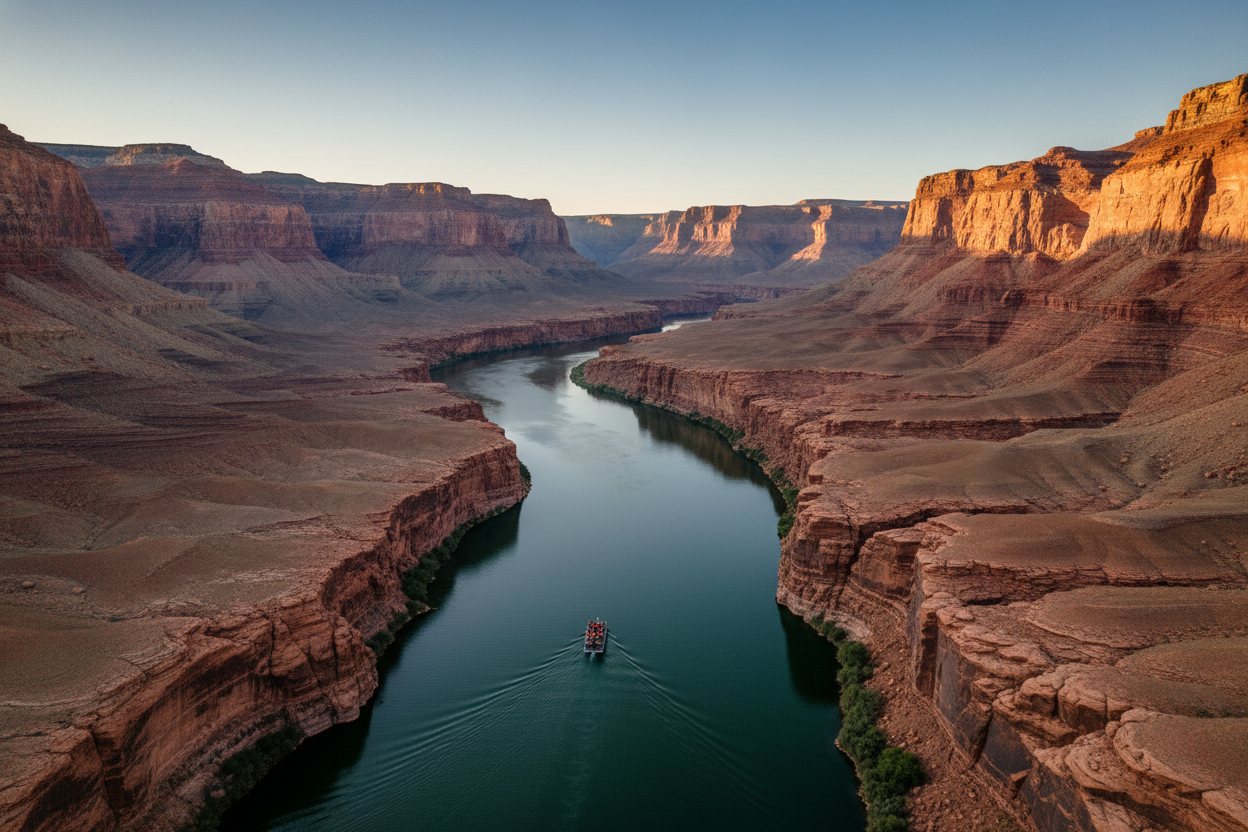 A pontoon boat floating the calm Colorado River at the bottom of the Grand Canyon.