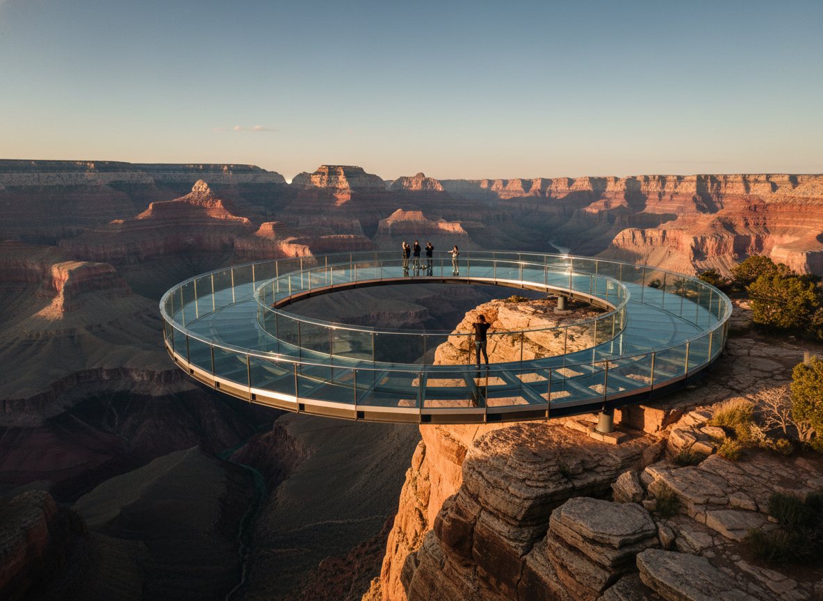 The glass Skywalk bridge extending over the Grand Canyon West Rim.